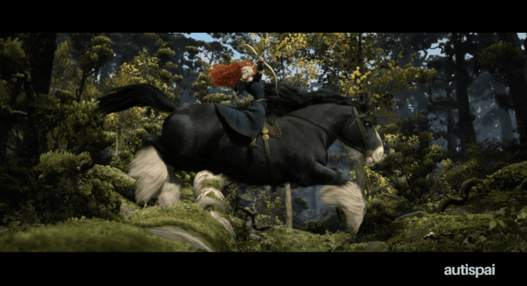 Mérida lanzando con arco encima de su caballo por el bosque